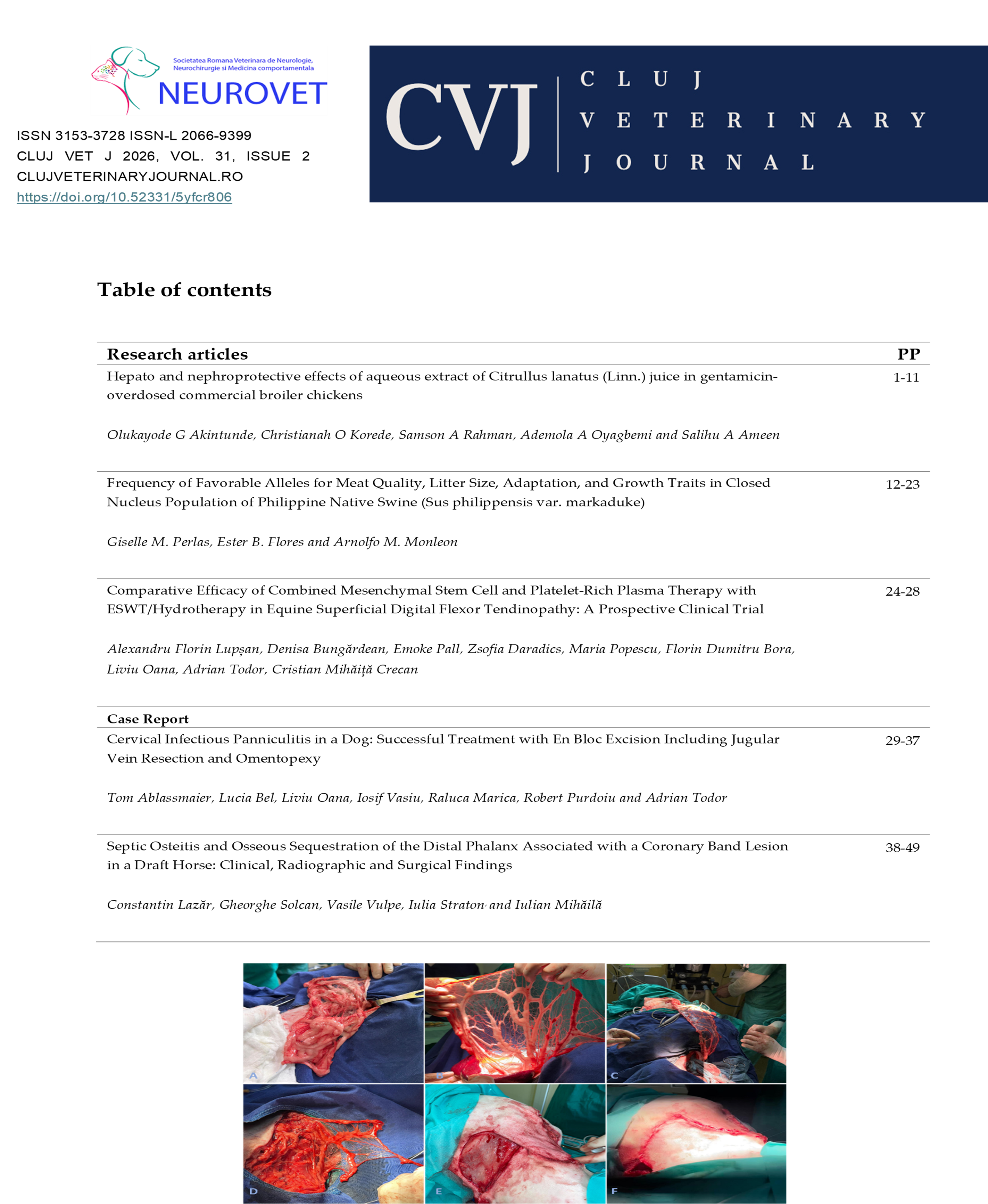 					View Vol. 31 No. 2 (2026): Cluj Veterinary Journal
				