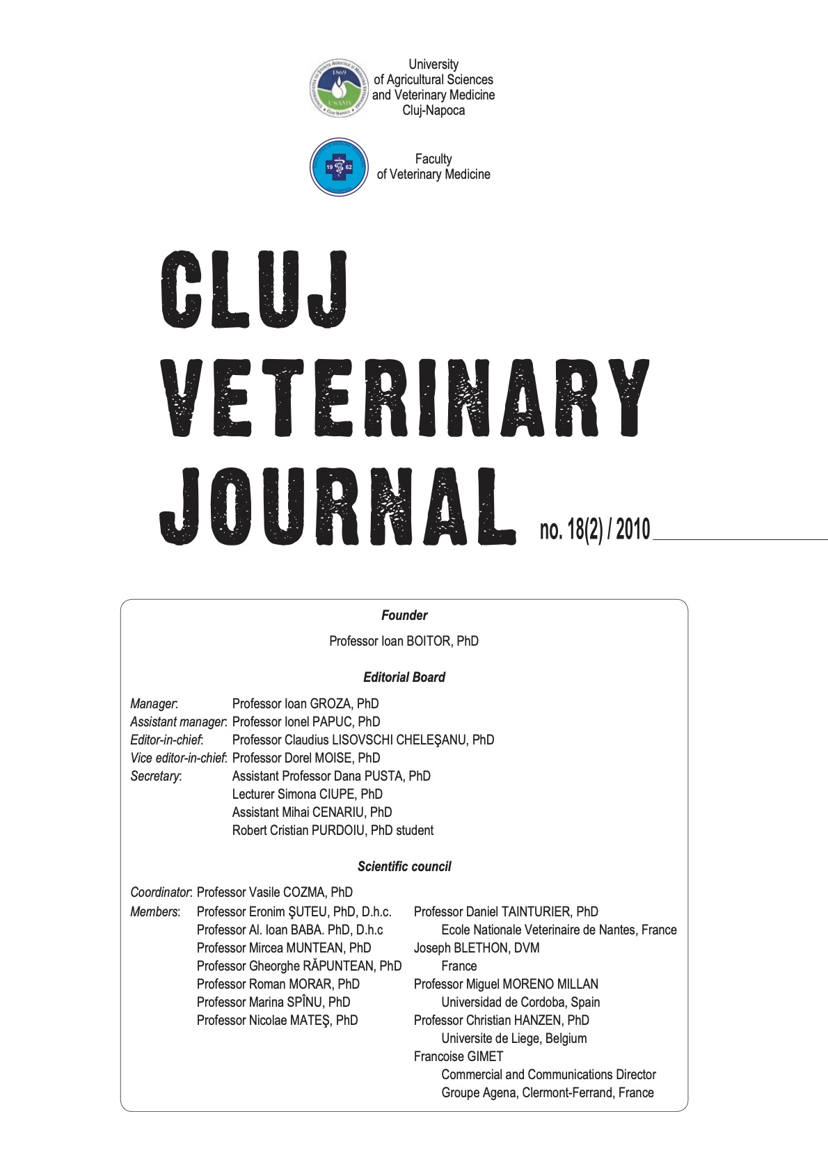 					View Vol. 18 No. 2 (2010): Cluj Veterinary Journal
				