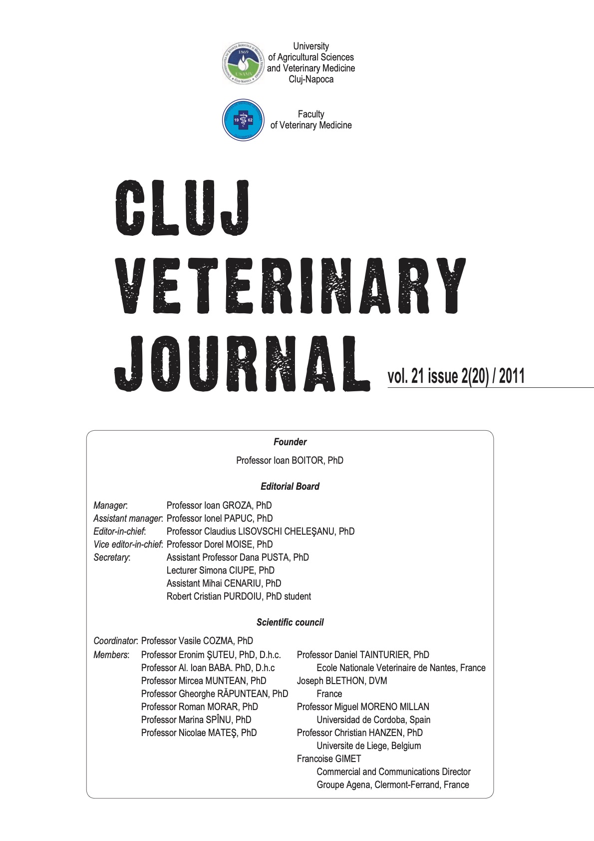 					View Vol. 21 No. 2(20) (2011): Cluj Veterinary Journal
				